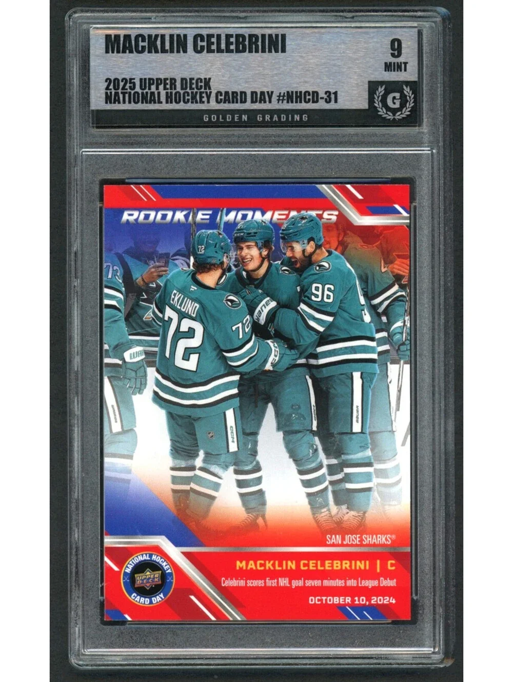 2025 Upper Deck NHCD31 Macklin Celebrini Rookie Moments Sharks Graded Mint 9